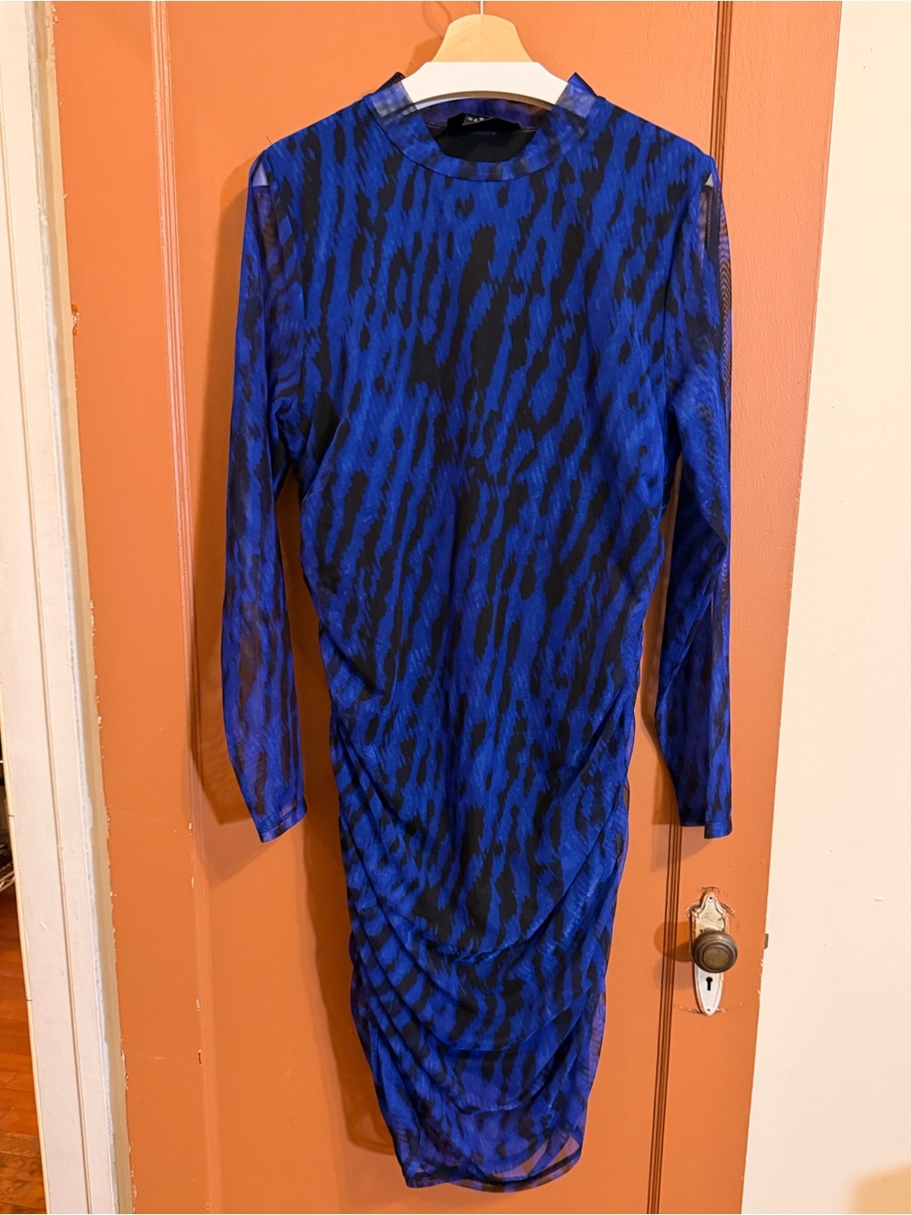 DKNY Blue and Black Long-Sleeve Ruched Bodycon Dress Size XL